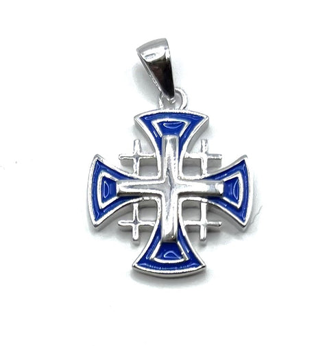 Sterling Silver Enamel Solid Jerusalem Cross Pendant